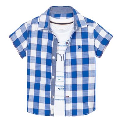 Boys' white printed t-shirt and blue checked shirt set